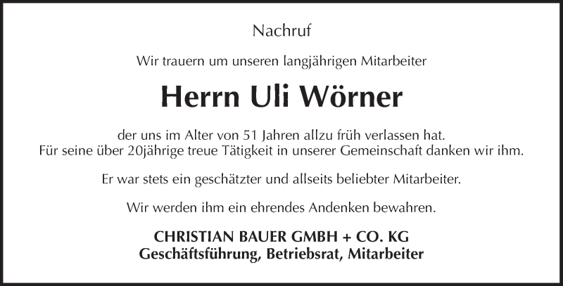  Traueranzeige für Uli Wörner vom 23.05.2018 aus Waiblinger Kreiszeitung