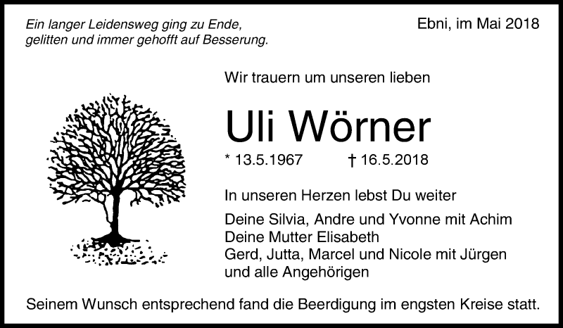  Traueranzeige für Uli Wörner vom 22.05.2018 aus Waiblinger Kreiszeitung
