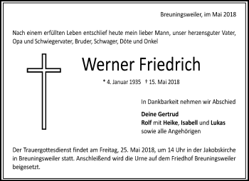 Traueranzeige von Werner Friedrich von Waiblinger Kreiszeitung