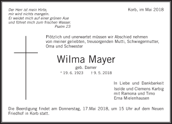 Traueranzeige von Wilma Mayer von Waiblinger Kreiszeitung