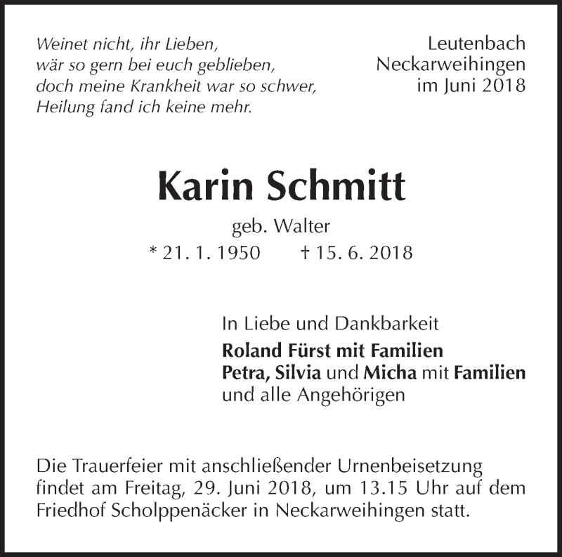  Traueranzeige für Karin Schmitt vom 26.06.2018 aus Waiblinger Kreiszeitung