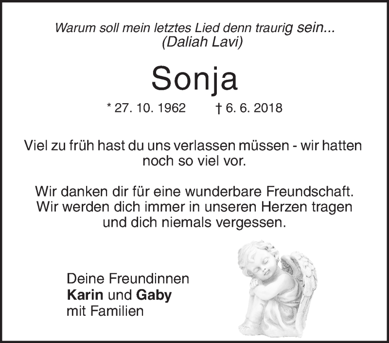  Traueranzeige für Sonja Gölz vom 12.06.2018 aus Waiblinger Kreiszeitung