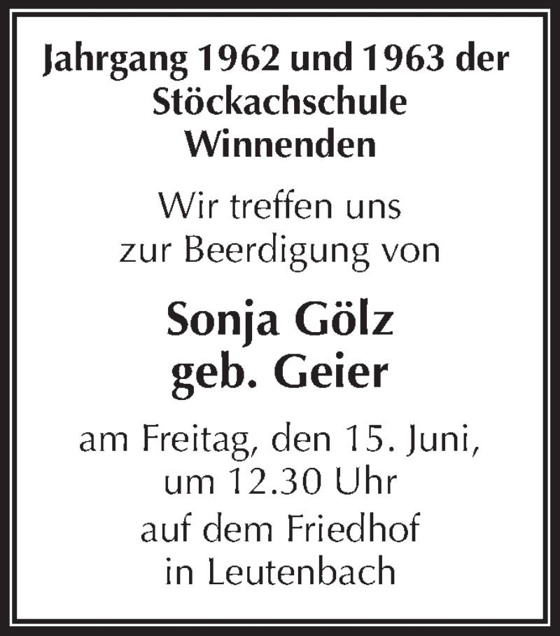  Traueranzeige für Sonja Gölz vom 13.06.2018 aus Waiblinger Kreiszeitung
