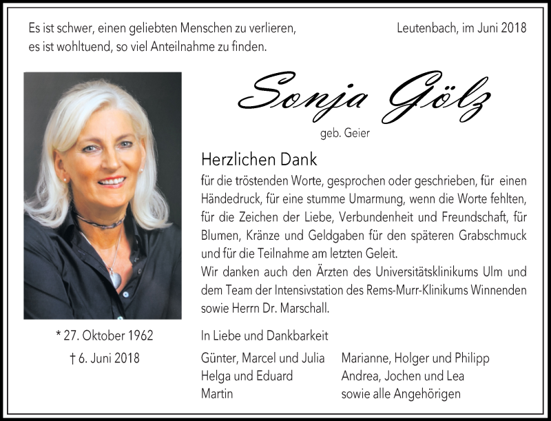 Traueranzeige für Sonja Gölz vom 09.07.2018 aus Waiblinger Kreiszeitung