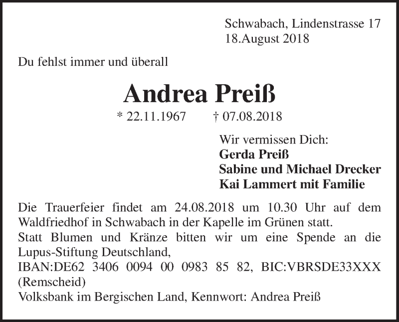  Traueranzeige für Andrea Preiß vom 18.08.2018 aus Waiblinger Kreiszeitung