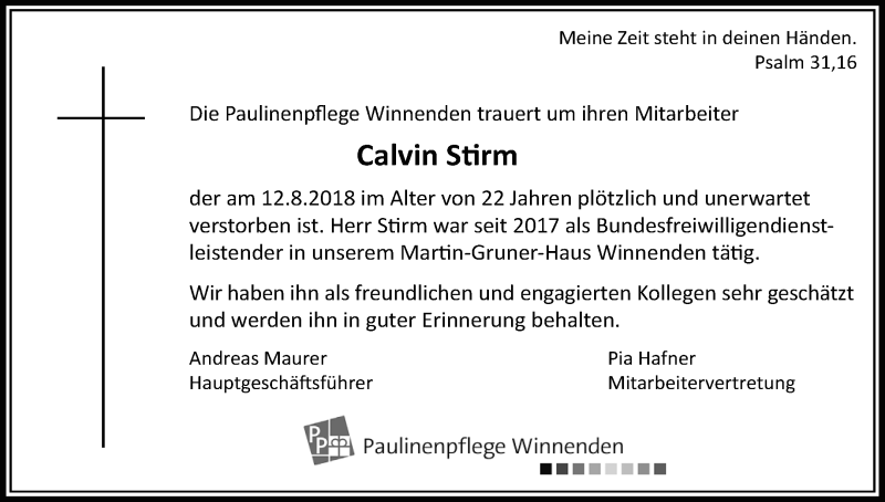  Traueranzeige für Calvin Stirm vom 23.08.2018 aus Waiblinger Kreiszeitung