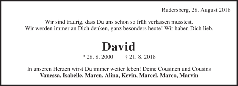  Traueranzeige für David Erlenbusch vom 28.08.2018 aus Waiblinger Kreiszeitung