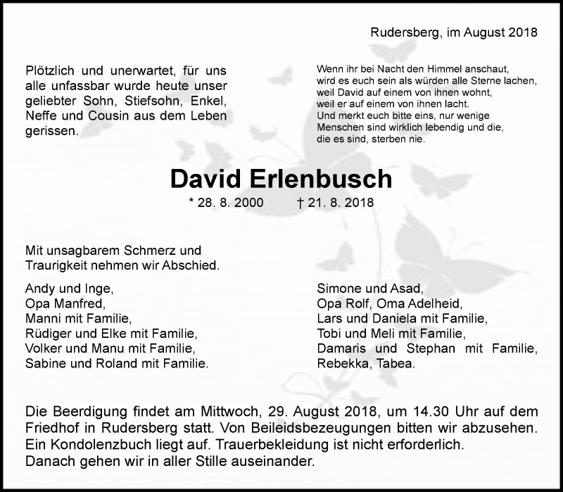 Traueranzeige für David Erlenbusch vom 25.08.2018 aus Waiblinger Kreiszeitung