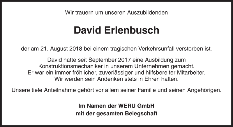  Traueranzeige für David Erlenbusch vom 28.08.2018 aus Waiblinger Kreiszeitung