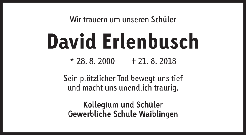  Traueranzeige für David Erlenbusch vom 29.08.2018 aus Waiblinger Kreiszeitung