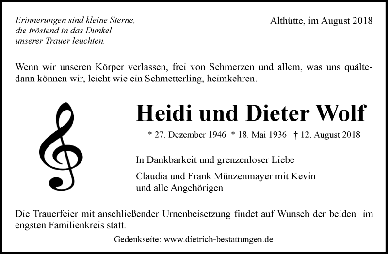  Traueranzeige für Heidi und Dieter Wolf vom 18.08.2018 aus Waiblinger Kreiszeitung