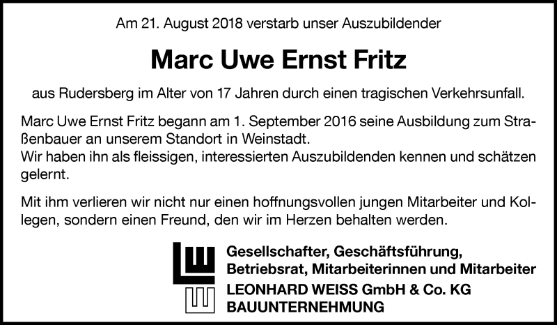  Traueranzeige für Marc Uwe Ernst Fritz vom 25.08.2018 aus Waiblinger Kreiszeitung