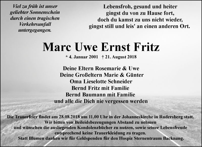  Traueranzeige für Marc Uwe Ernst Fritz vom 24.08.2018 aus Waiblinger Kreiszeitung