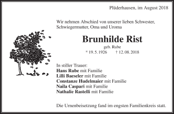 Traueranzeige von Brunhilde Rist von Waiblinger Kreiszeitung