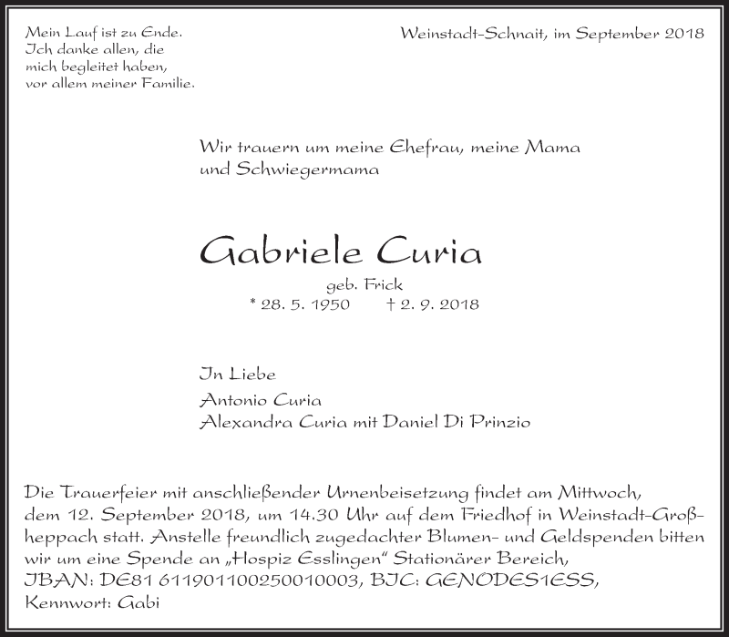  Traueranzeige für Gabriele Curia vom 05.09.2018 aus Waiblinger Kreiszeitung