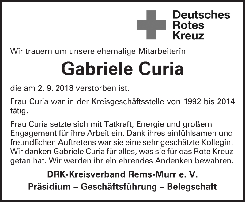  Traueranzeige für Gabriele Curia vom 06.09.2018 aus Waiblinger Kreiszeitung