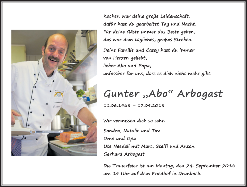  Traueranzeige für Gunter Arbogast vom 21.09.2018 aus Waiblinger Kreiszeitung