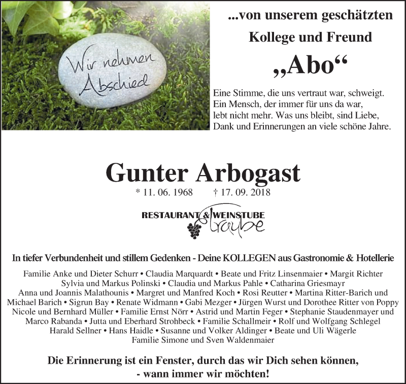  Traueranzeige für Gunter Arbogast vom 22.09.2018 aus Waiblinger Kreiszeitung