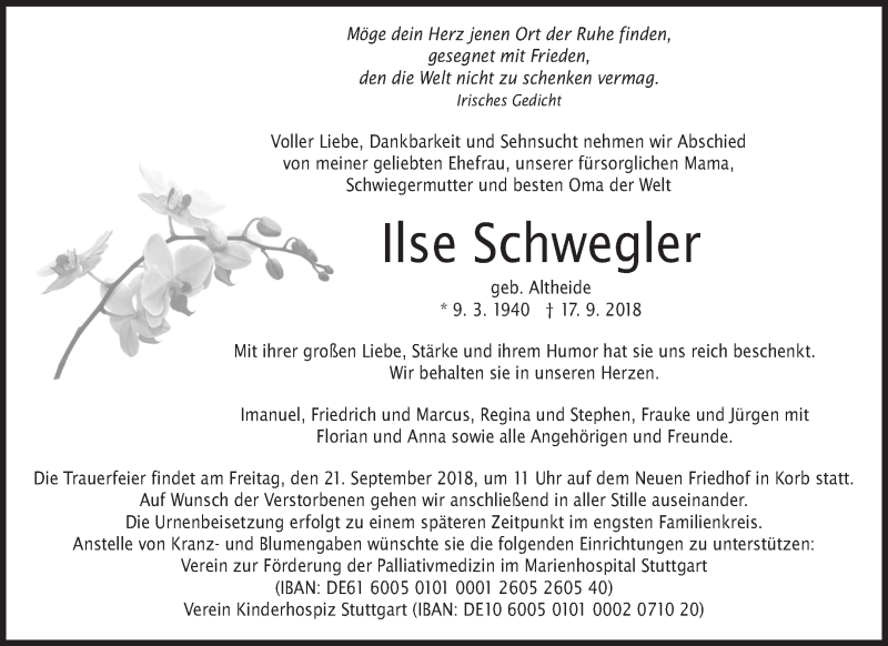  Traueranzeige für Ilse Schwegler vom 19.09.2018 aus Waiblinger Kreiszeitung