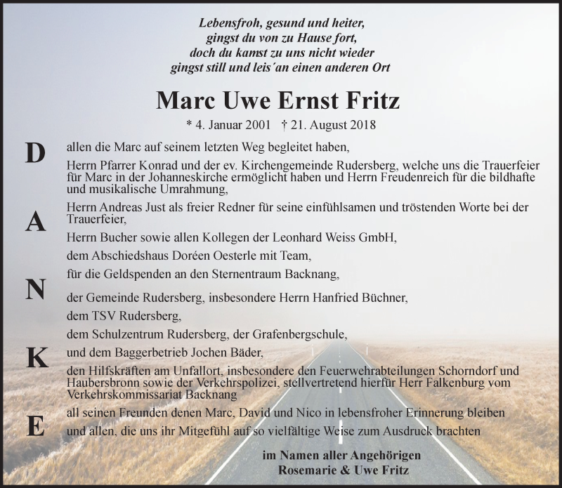  Traueranzeige für Marc Uwe Ernst Fritz vom 27.09.2018 aus Waiblinger Kreiszeitung