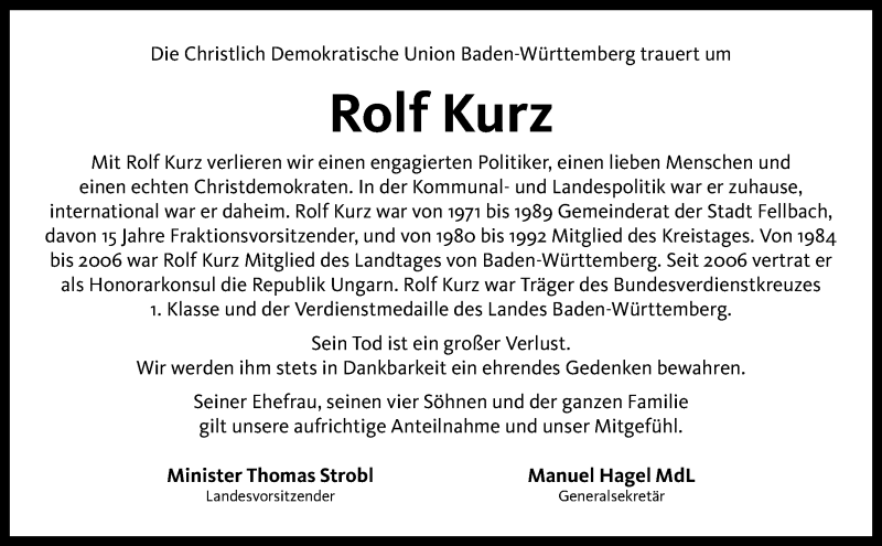  Traueranzeige für Rolf Kurz vom 20.09.2018 aus Waiblinger Kreiszeitung