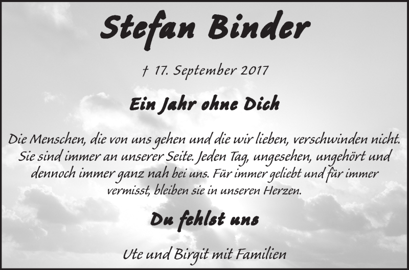  Traueranzeige für Stefan Binder vom 17.09.2018 aus Waiblinger Kreiszeitung