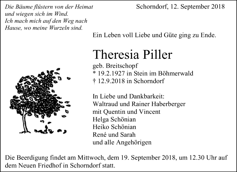  Traueranzeige für Theresia Piller vom 17.09.2018 aus Waiblinger Kreiszeitung