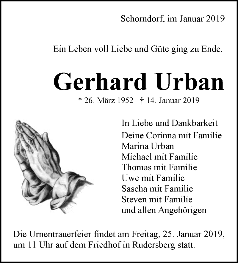  Traueranzeige für Gerhard Urban vom 23.01.2019 aus Waiblinger Kreiszeitung