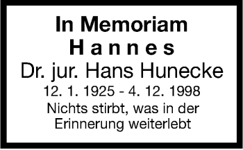 Traueranzeige von Hans Hunecke von Waiblinger Kreiszeitung