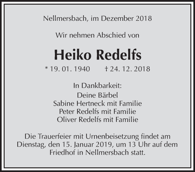  Traueranzeige für Heiko Redelfs vom 11.01.2019 aus Waiblinger Kreiszeitung