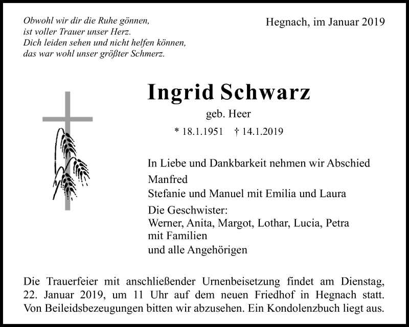  Traueranzeige für Ingrid Schwarz vom 18.01.2019 aus Waiblinger Kreiszeitung