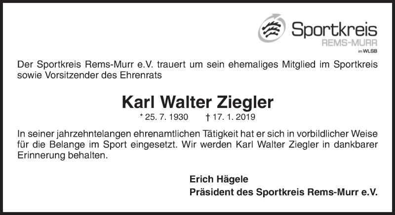  Traueranzeige für Karl Walter Ziegler vom 24.01.2019 aus Waiblinger Kreiszeitung