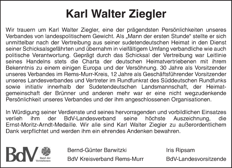  Traueranzeige für Karl Walter Ziegler vom 24.01.2019 aus Waiblinger Kreiszeitung