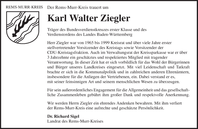  Traueranzeige für Karl Walter Ziegler vom 23.01.2019 aus Waiblinger Kreiszeitung