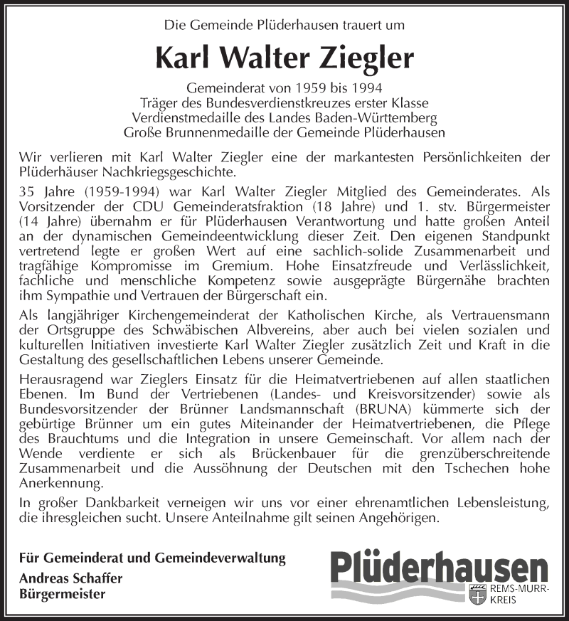  Traueranzeige für Karl Walter Ziegler vom 23.01.2019 aus Waiblinger Kreiszeitung