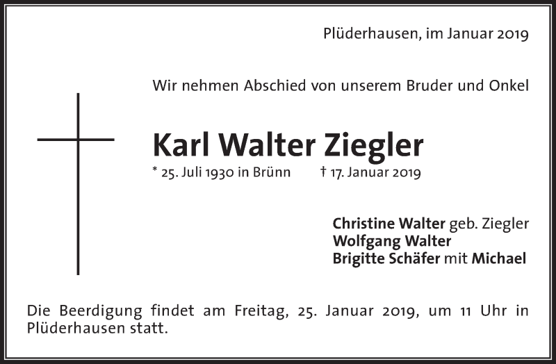  Traueranzeige für Karl Walter Ziegler vom 22.01.2019 aus Waiblinger Kreiszeitung
