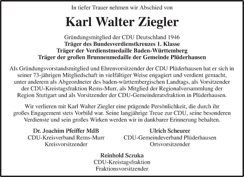  Traueranzeige für Karl Walter Ziegler vom 23.01.2019 aus Waiblinger Kreiszeitung