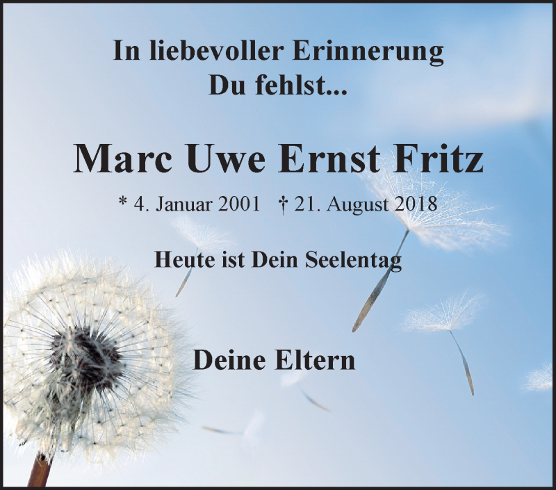  Traueranzeige für Marc Uwe Ernst Fritz vom 04.01.2019 aus Waiblinger Kreiszeitung