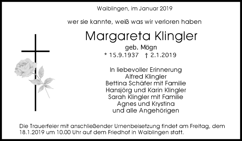  Traueranzeige für Margareta Klingler vom 12.01.2019 aus Waiblinger Kreiszeitung