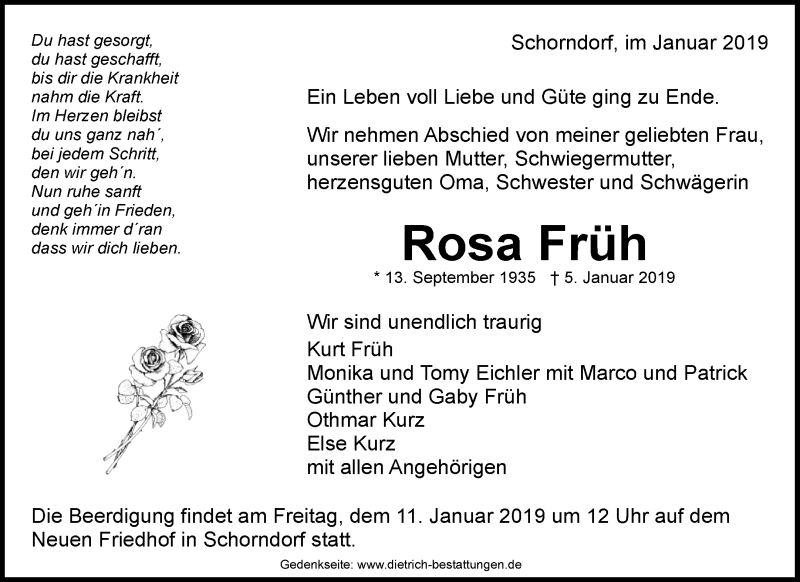  Traueranzeige für Rosa Früh vom 09.01.2019 aus Waiblinger Kreiszeitung