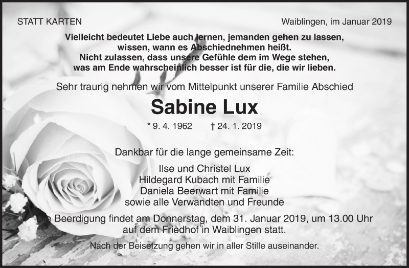  Traueranzeige für Sabine Lux vom 28.01.2019 aus Waiblinger Kreiszeitung