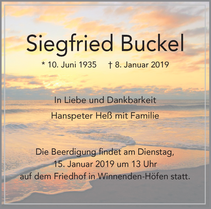  Traueranzeige für Siegfried Buckel vom 12.01.2019 aus Waiblinger Kreiszeitung