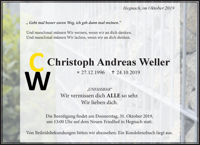  Traueranzeige für Christoph Andreas Weller vom 29.10.2019 aus Waiblinger Kreiszeitung