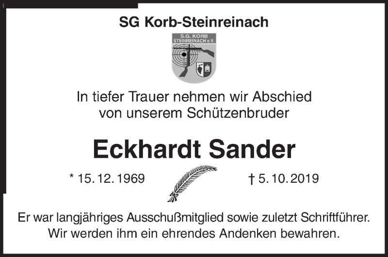  Traueranzeige für Eckhardt Sander vom 10.10.2019 aus Waiblinger Kreiszeitung