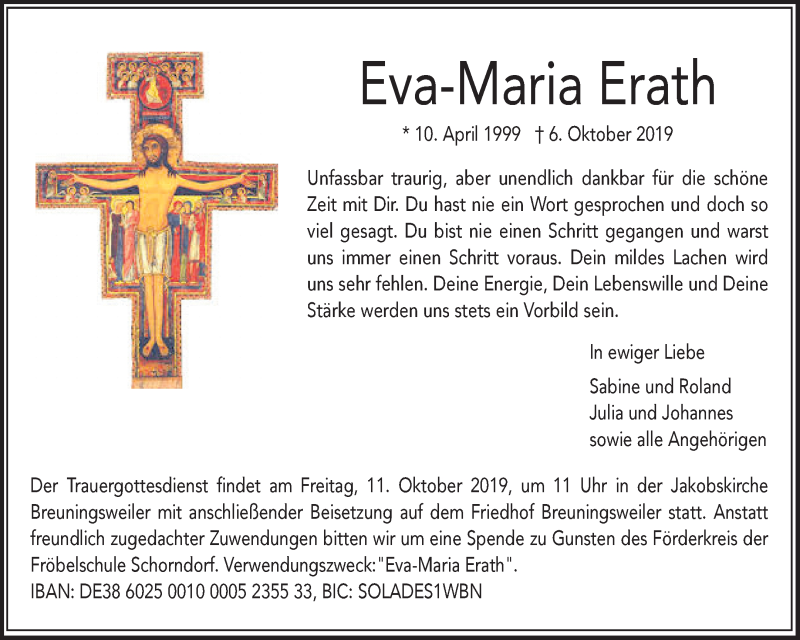  Traueranzeige für Eva-Maria Erath vom 09.10.2019 aus Waiblinger Kreiszeitung