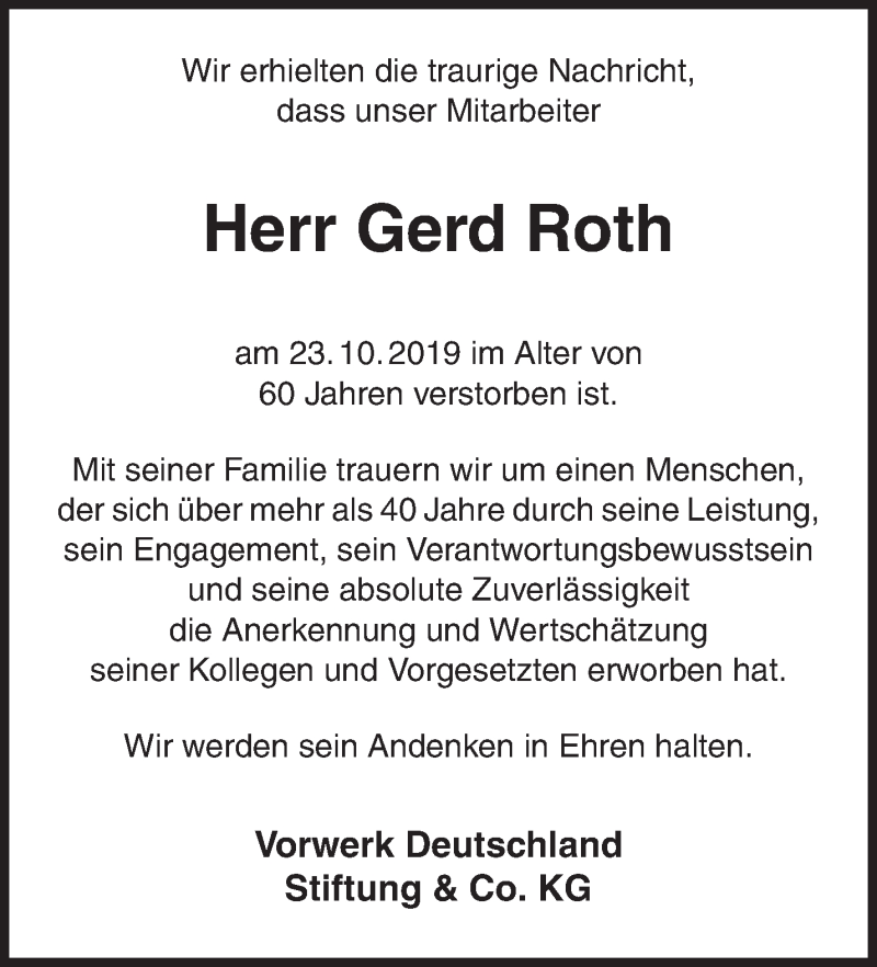  Traueranzeige für Gerd Roth vom 29.10.2019 aus Waiblinger Kreiszeitung