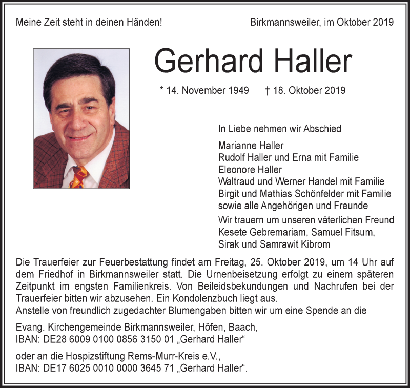  Traueranzeige für Gerhard Haller vom 23.10.2019 aus Waiblinger Kreiszeitung