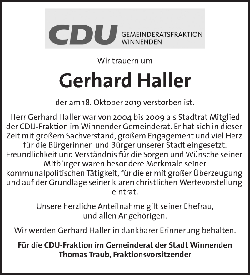  Traueranzeige für Gerhard Haller vom 23.10.2019 aus Waiblinger Kreiszeitung