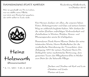 Traueranzeige von Heinz Holzwarth von Waiblinger Kreiszeitung