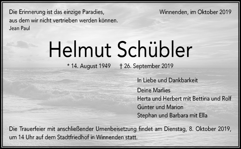  Traueranzeige für Helmut Schübler vom 05.10.2019 aus Waiblinger Kreiszeitung